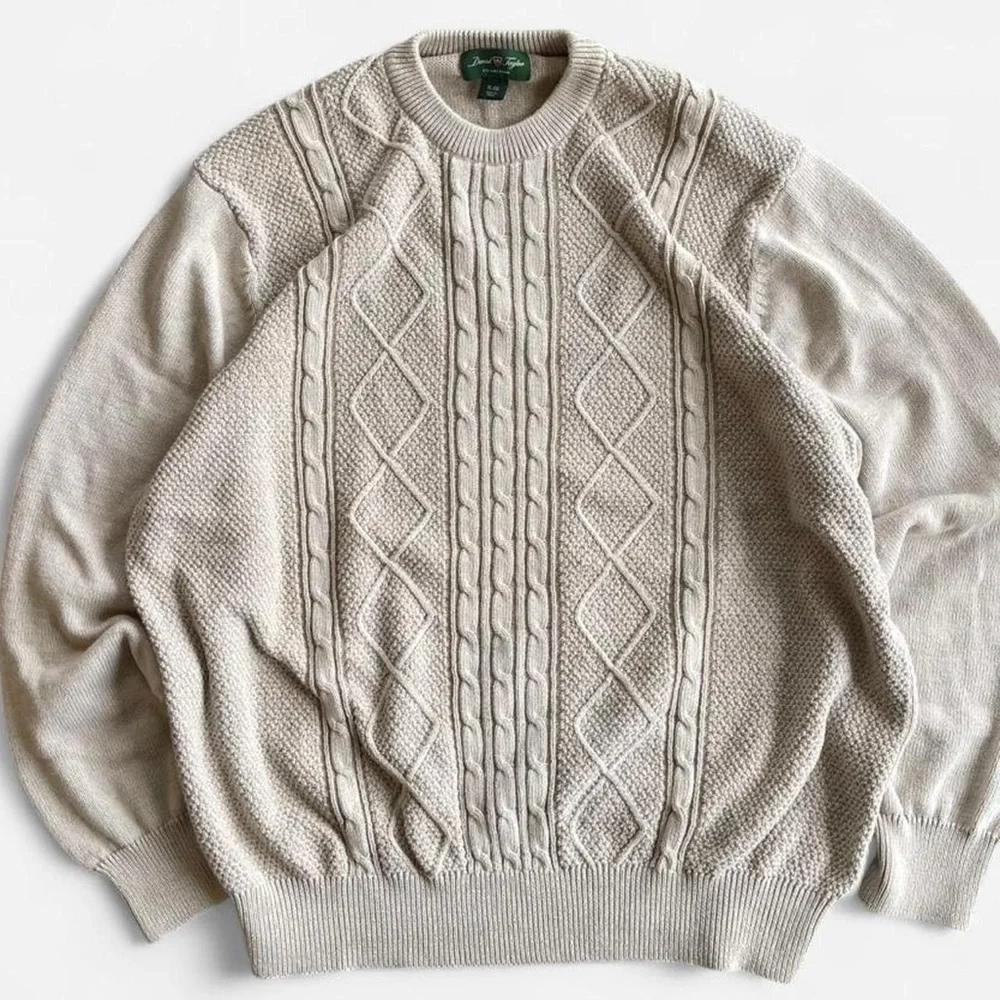 David Taylor Tan Cotton Cable Knit Fisherman Style Pullover Crewneck Sweater XL